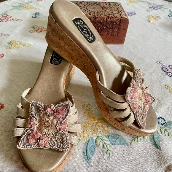 Salpy Shoes - Salpy Handmade Leather w/ Cork Wedge Sandal. Beaded Detaing. Size 9